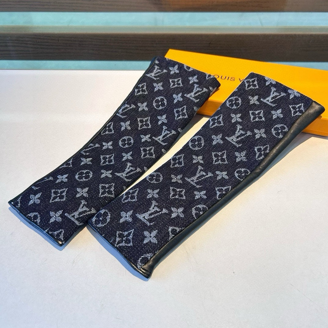 FINGERLESS LONG GLOVES IN BLACK MONOGRAM DENIM AND LAMBSKIN - M
