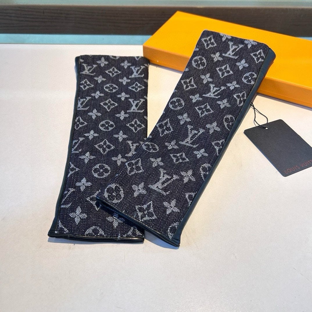 FINGERLESS LONG GLOVES IN BLACK MONOGRAM DENIM AND LAMBSKIN - M