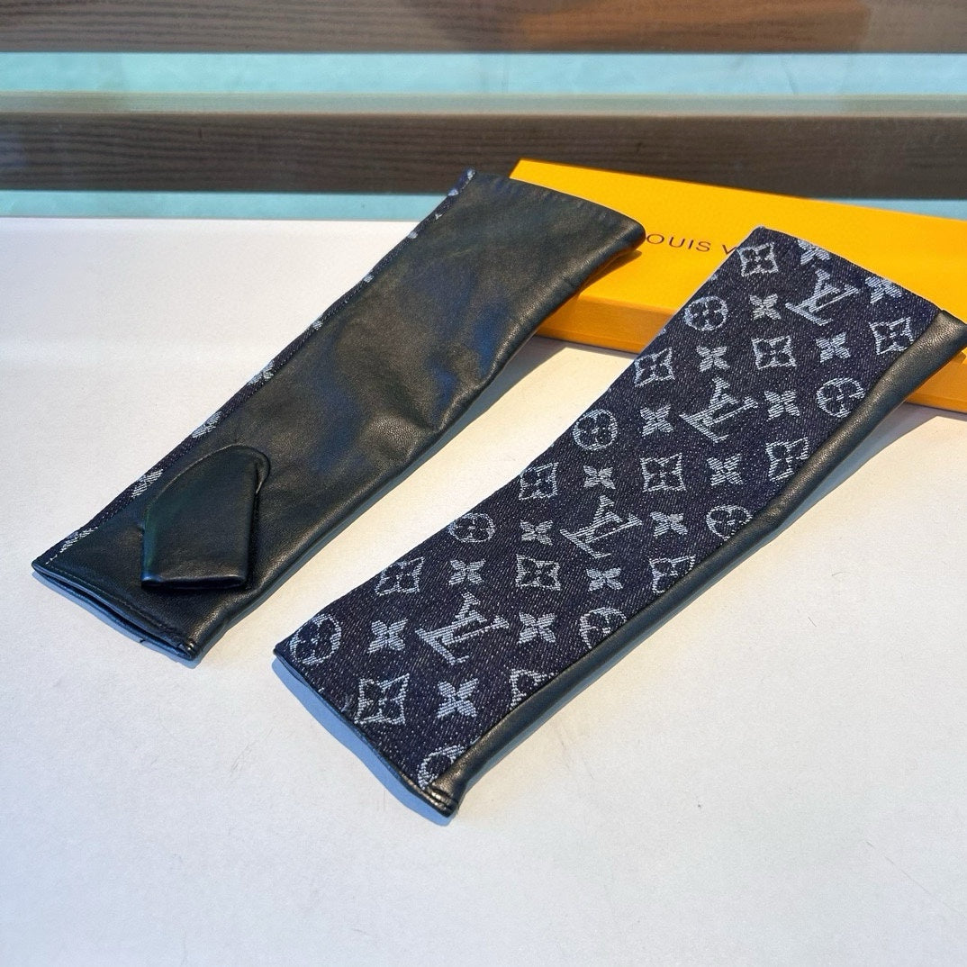 FINGERLESS LONG GLOVES IN BLACK MONOGRAM DENIM AND LAMBSKIN - M