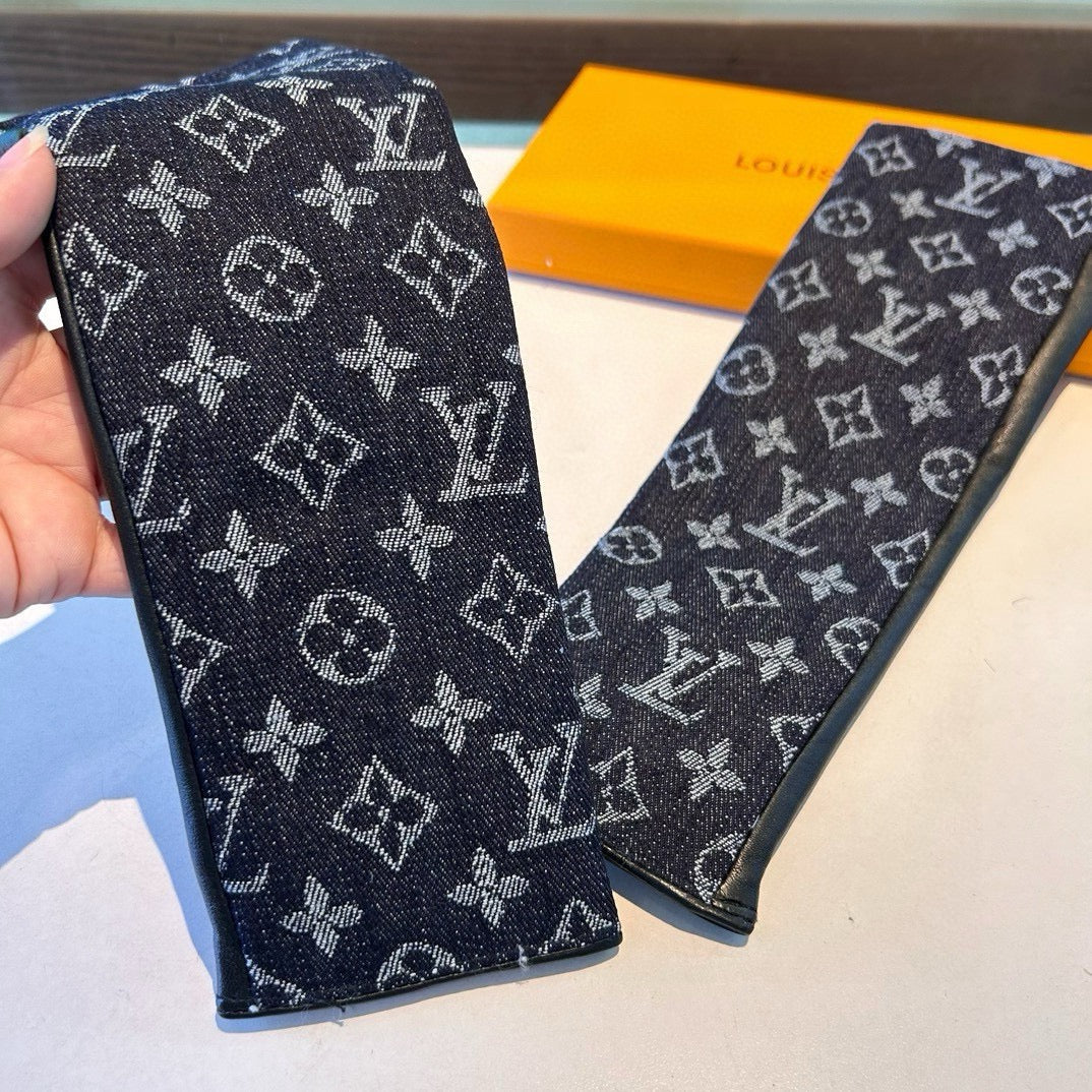 FINGERLESS LONG GLOVES IN BLACK MONOGRAM DENIM AND LAMBSKIN - M