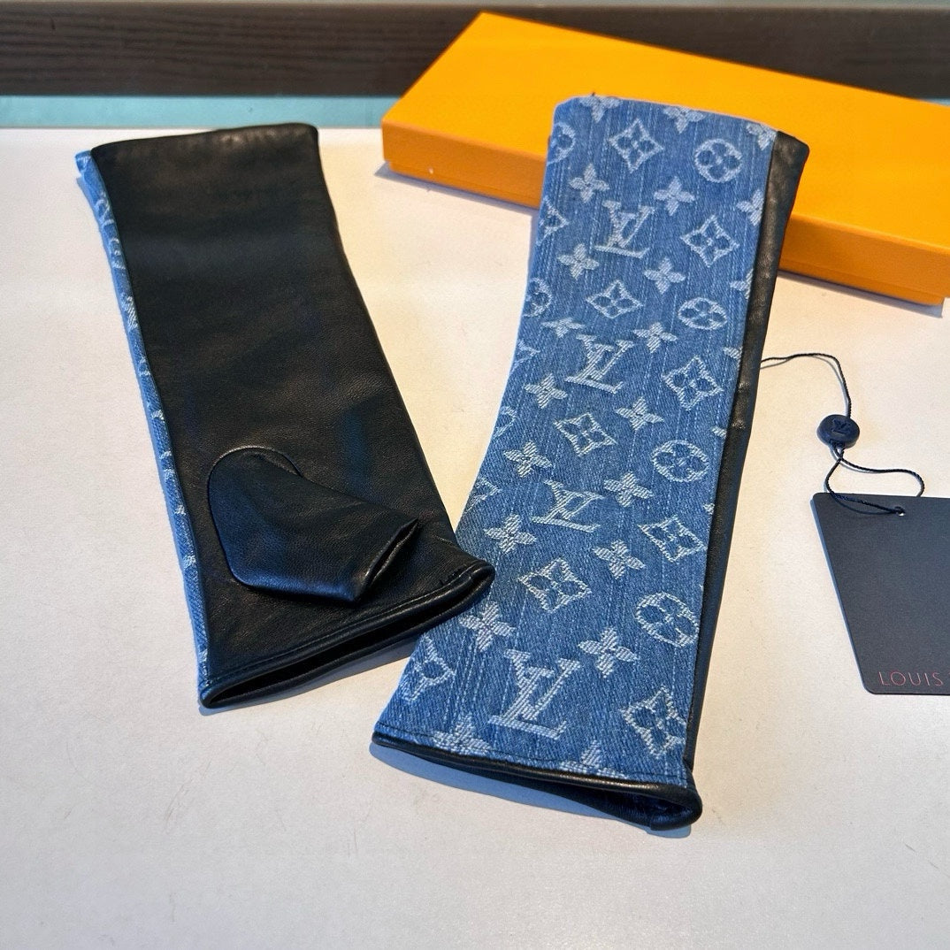 FINGERLESS LONG GLOVES IN AZURE BLUE MONOGRAM DENIM AND BLACK LAMBSKIN - M
