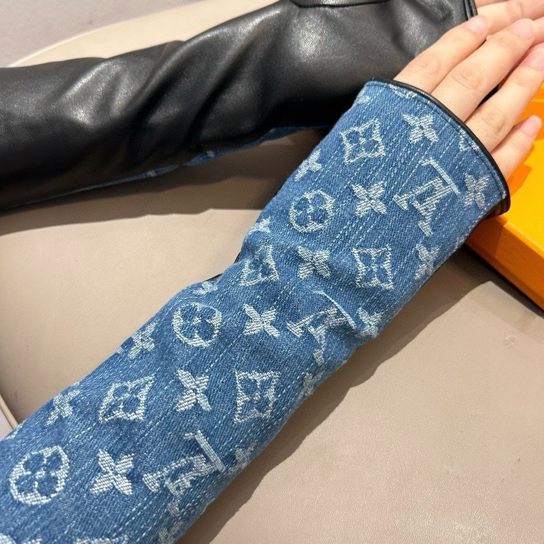 FINGERLESS LONG GLOVES IN AZURE BLUE MONOGRAM DENIM AND BLACK LAMBSKIN - M
