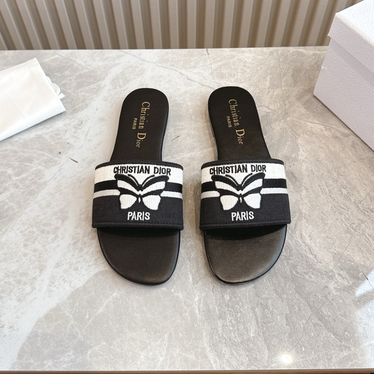 DIOR FLAT SLIDES 25S IN BLACK CALFSKIN AND FABRIC BRAND NAME EMBROIDERY - 35