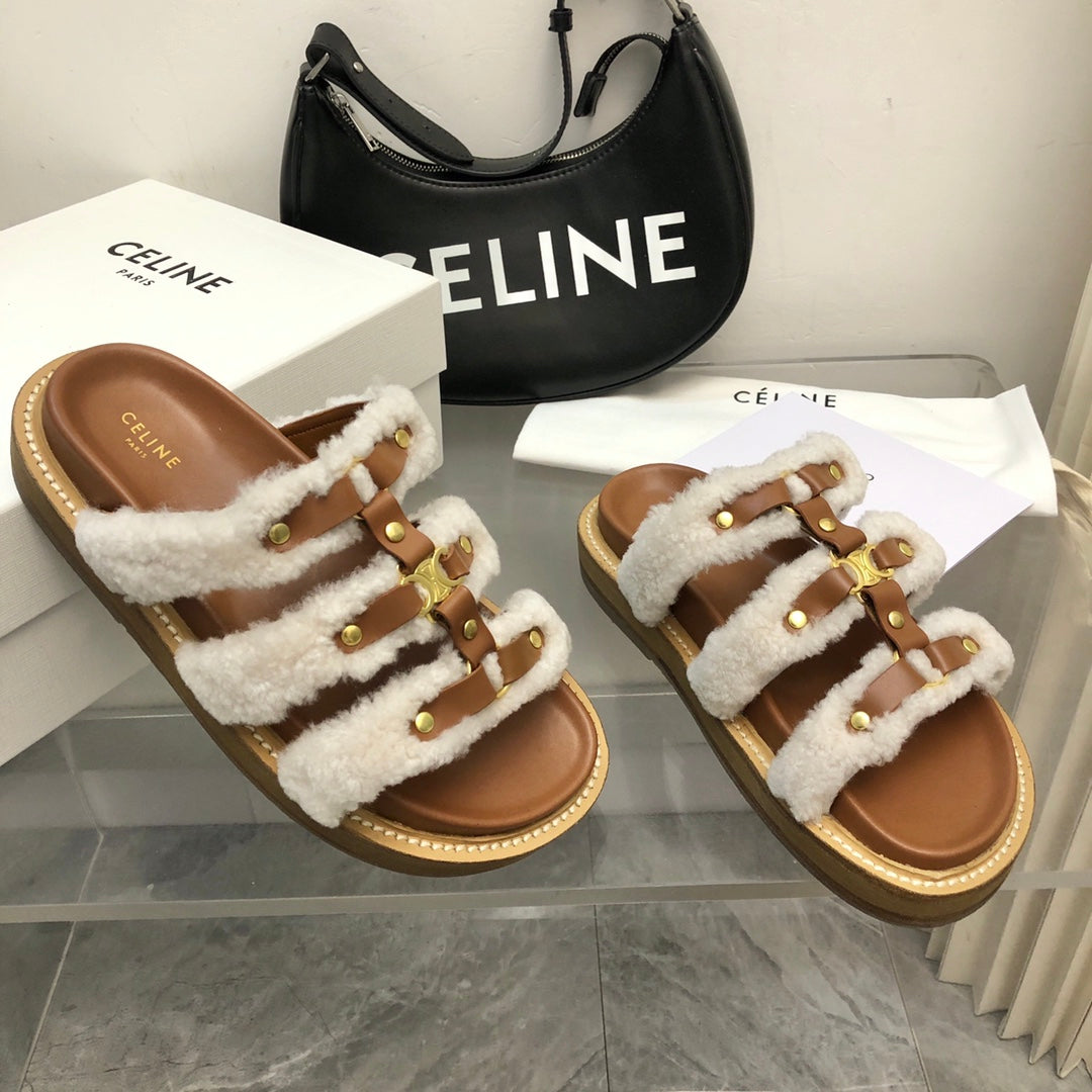 TIPPI SLIDE IN WHITE SHEARLING AND BROWN CALFSKIN - 35