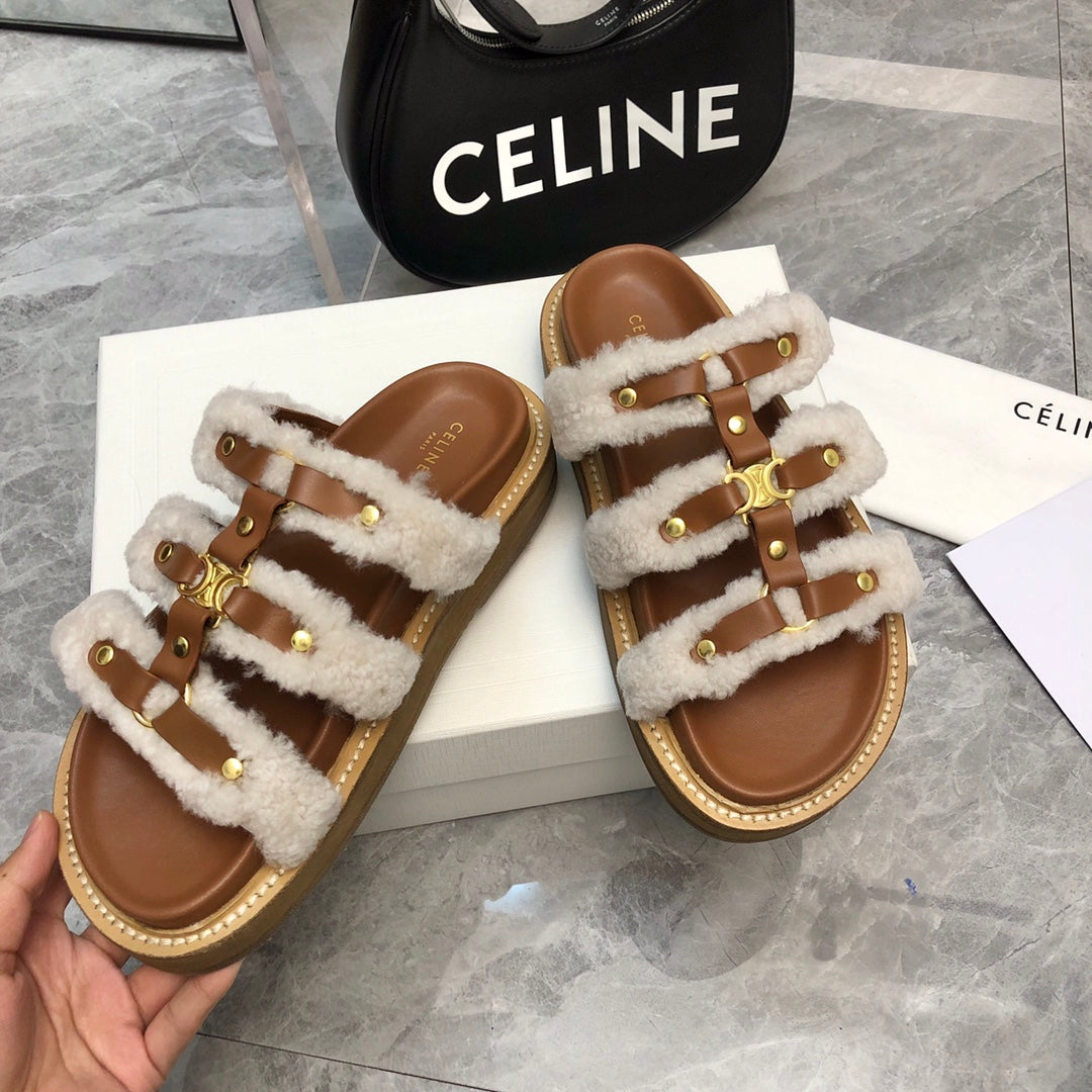 TIPPI SLIDE IN WHITE SHEARLING AND BROWN CALFSKIN - 35