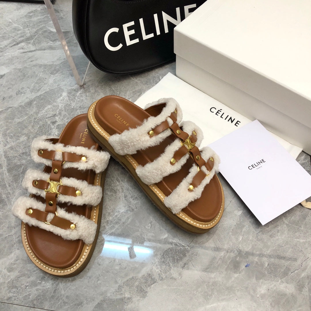 TIPPI SLIDE IN WHITE SHEARLING AND BROWN CALFSKIN - 35