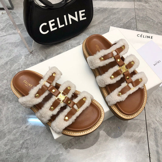 TIPPI SLIDE IN WHITE SHEARLING AND BROWN CALFSKIN - 35
