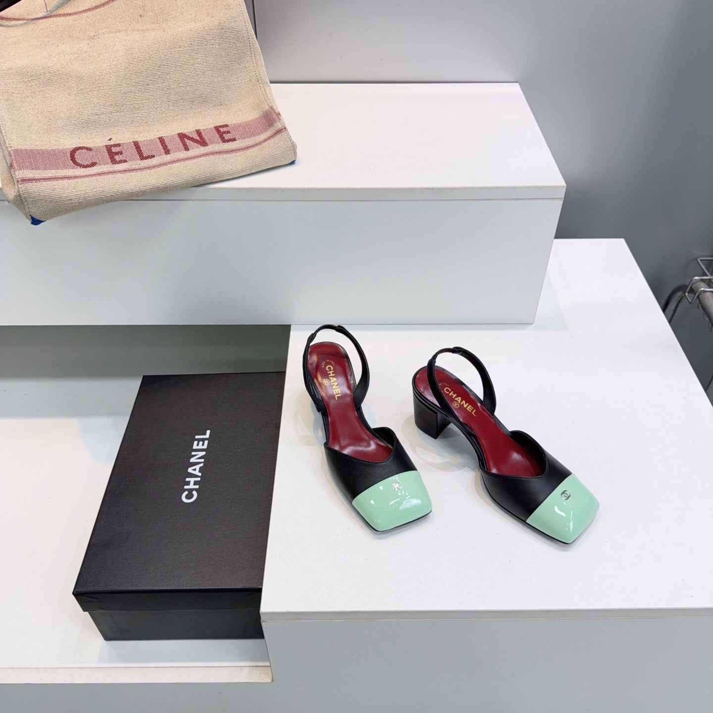 CHANEL 26S SLINGBACK 55 MM IN BLACK LAMBSKIN WITH MINT GREEN CAP TOE
