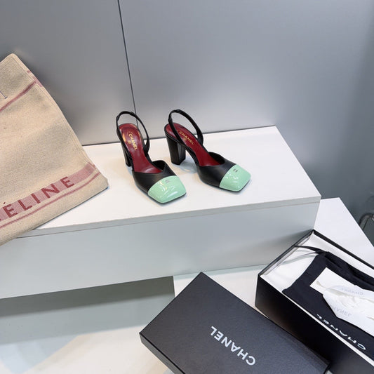 CHANEL 26S СЛІНГБЕКИ 95 ММ З ЧОРНОЇ ОВЕЧОЇ ШКІРИ З М'ЯТНО-ЗЕЛЕНИМ МИСОМ