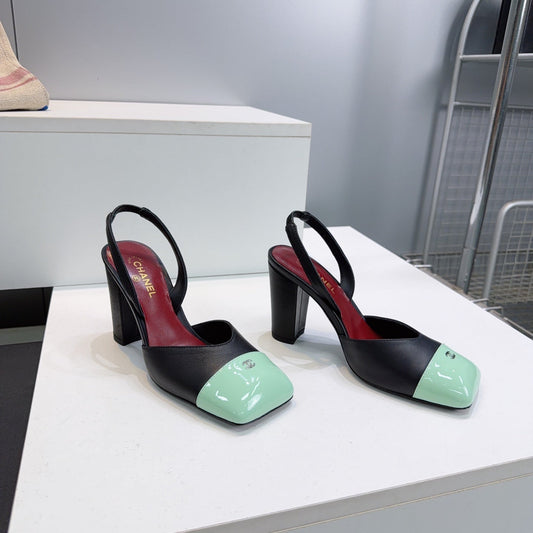 CHANEL 26S СЛІНГБЕКИ 95 ММ З ЧОРНОЇ ОВЕЧОЇ ШКІРИ З М'ЯТНО-ЗЕЛЕНИМ МИСОМ