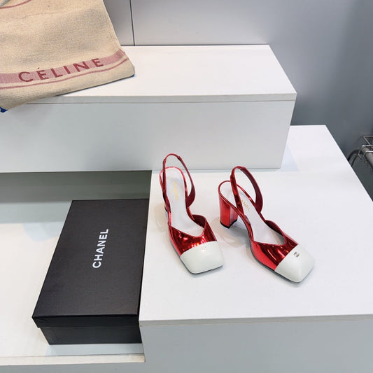 CHANEL 26S СЛІНГБЕКИ 95 ММ З ЧЕРВОНОЇ ГЛЯНЦЕВОЇ ОВЧИНИ З БІЛИМ НОСОМ