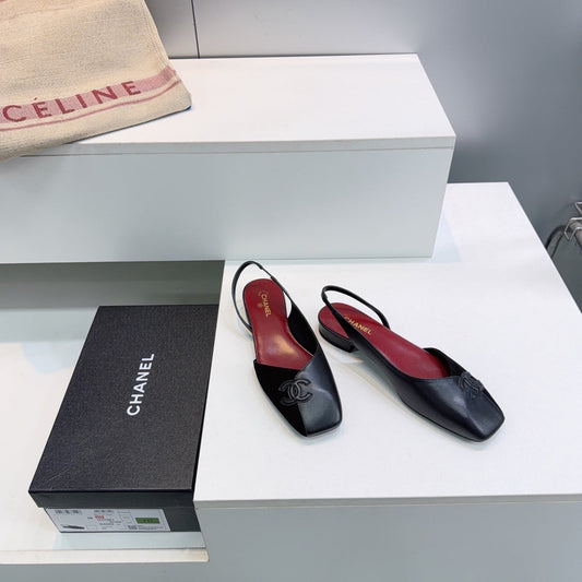 CHANEL 26S БОСОНІЖКИ-СЛІНГБЕКИ НА ПЛОСКІЙ ПІДОШВІ ЧОРНОГО КОЛЬОРУ З ЗАМШІ ТА ОВЕЧОЇ ШКІРИ