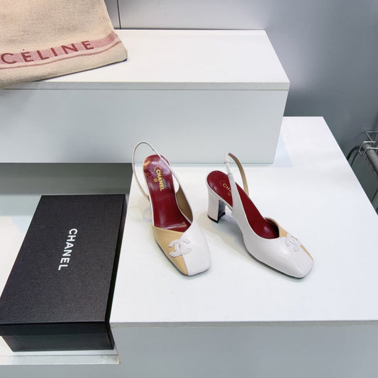 CHANEL 26S СЛІНГБЕКИ 100 ММ З БЕЖЕВОЇ ТА БІЛОЇ ОВЕЧОЇ ШКІРИ