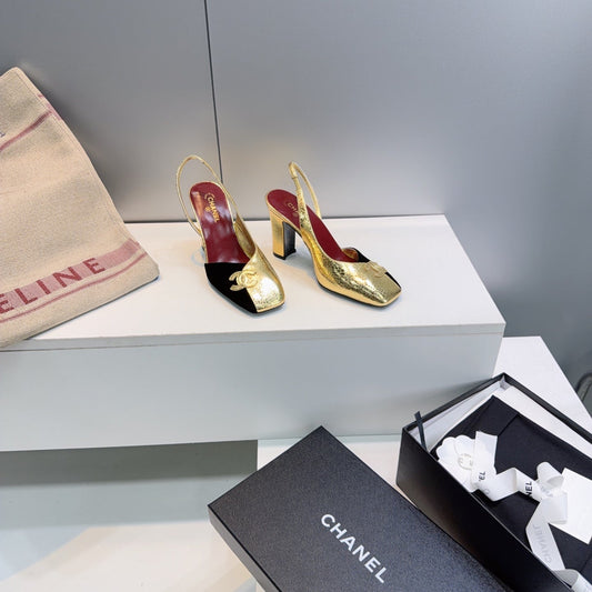 CHANEL 26S СЛІНГБЕКИ 100 ММ ІЗ ЗОЛОТОЇ ШКІРИ ЯГНЯТИ ТА ЧОРНОЇ ЗАМШІ