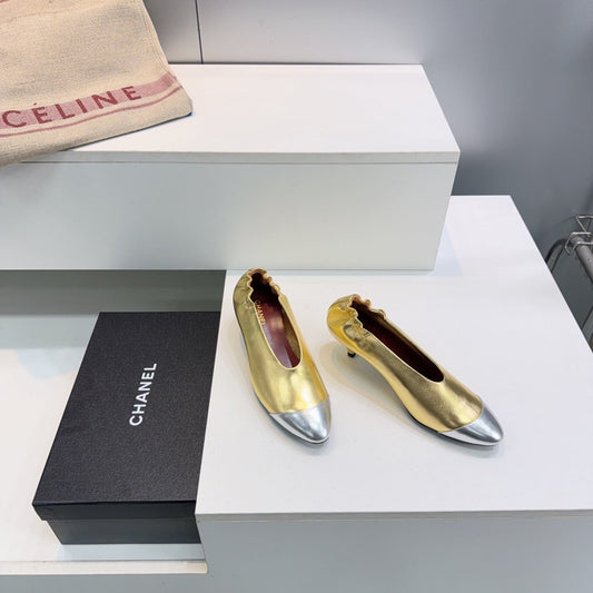 Високі підбори CHANEL 26S з кольоровими блоками, 45 мм, із золотої овечої шкіри