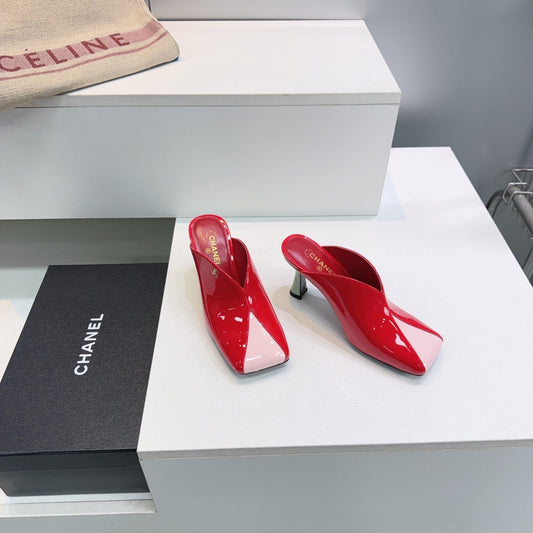 CHANEL Мюлі на підборах 26S, 70 мм, зі шкіри ягняти рожевого та червоного кольорів