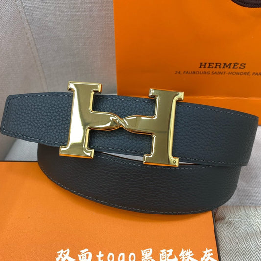 HM H BELT BUCKLE & REVERSIBLE BLACK LEATHER STRAP 38MM GOLD HARDWARE - 30