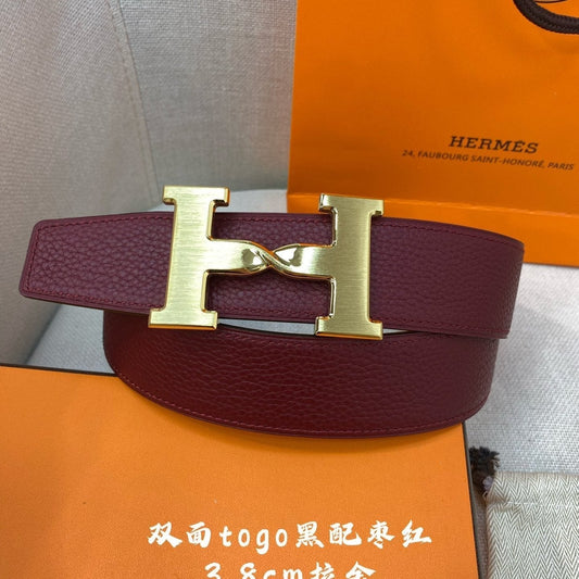 HM H BELT BUCKLE & REVERSIBLE WINE RED AND BLACK STRAP 38MM GOLD HARDWARE - 30