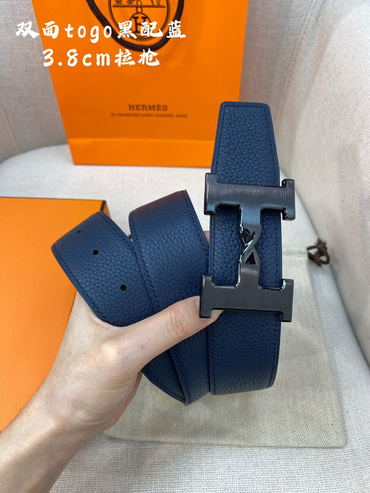 HM H BELT BUCKLE & REVERSIBLE NAVY BLUE STRAP 38MM BLACK HARDWARE - 30