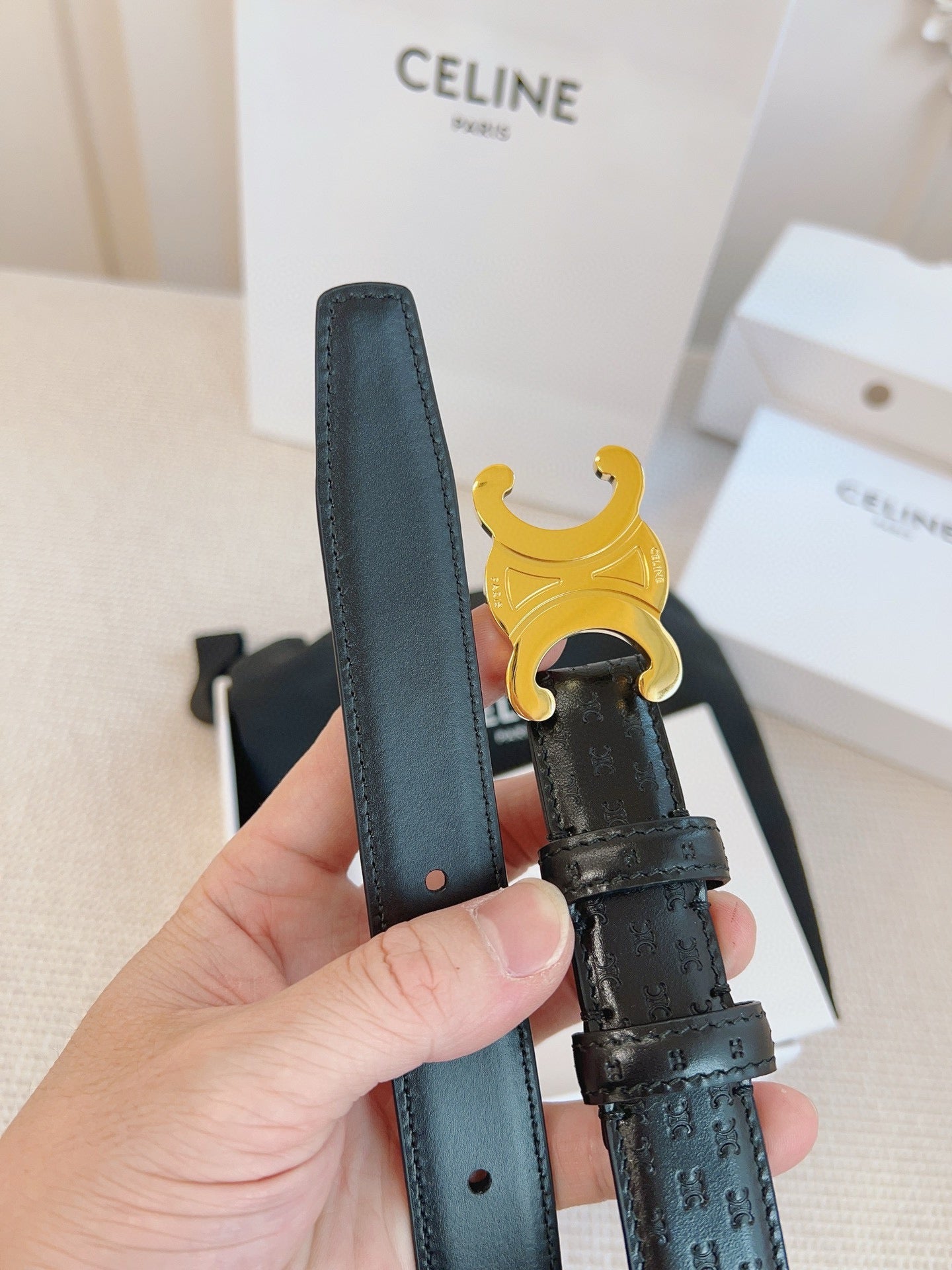 CELINE 25S BELT TRIOMPHE 25MM IN BLACK CALFSKIN DEBOSSED LOGO 563328 - 26 - 28