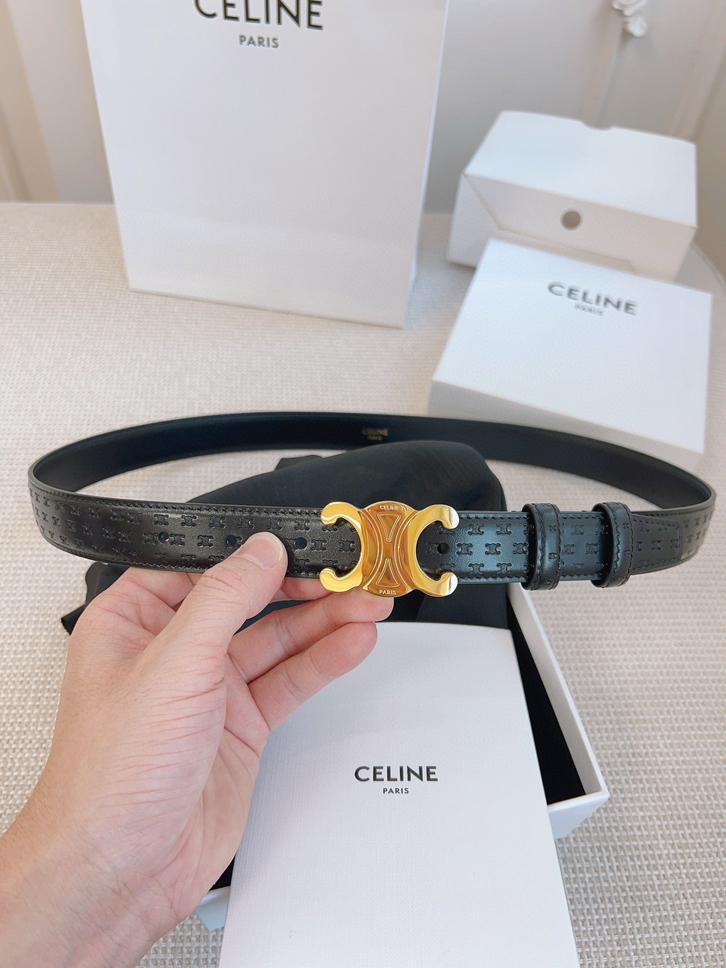 CELINE 25S BELT TRIOMPHE 25MM IN BLACK CALFSKIN DEBOSSED LOGO 563328 - 26 - 28