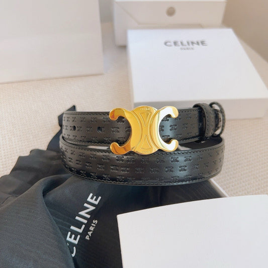 CELINE 25S BELT TRIOMPHE 25MM IN BLACK CALFSKIN DEBOSSED LOGO 563328 - 26 - 28