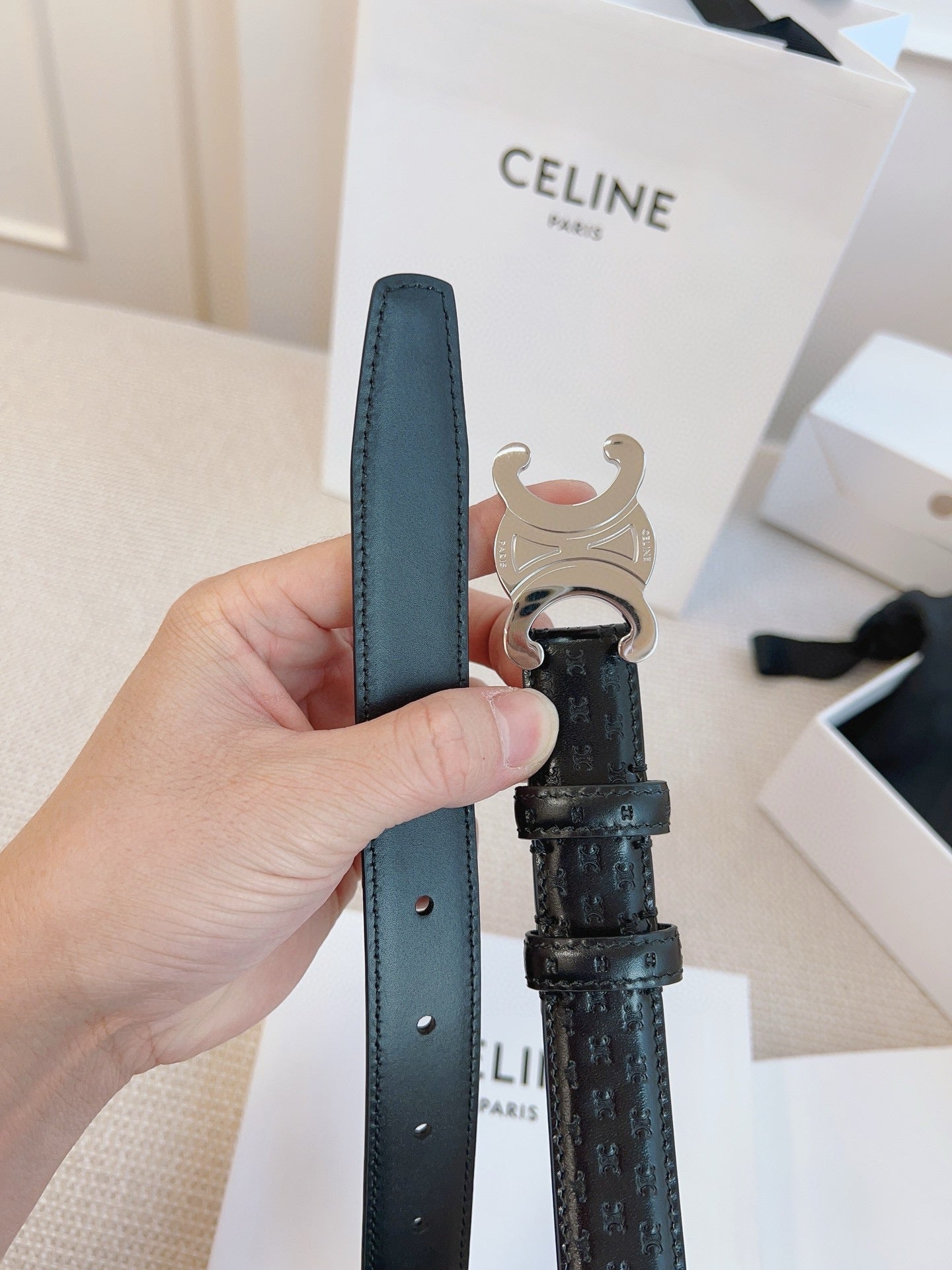 CELINE 25S BELT TRIOMPHE 25MM IN BLACK CALFSKIN DEBOSSED LOGO 563329 - 26 - 28