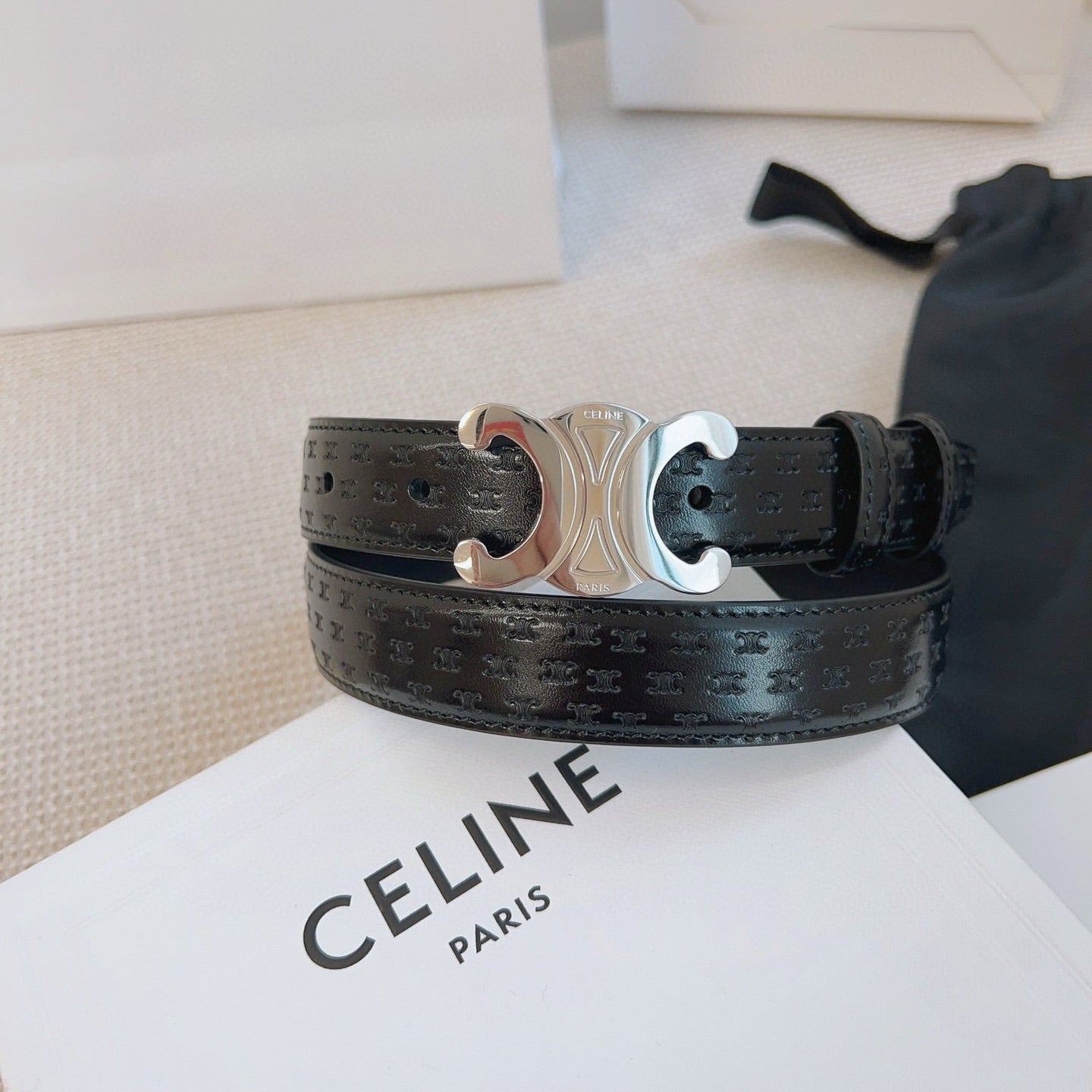 CELINE 25S BELT TRIOMPHE 25MM IN BLACK CALFSKIN DEBOSSED LOGO 563329 - 26 - 28