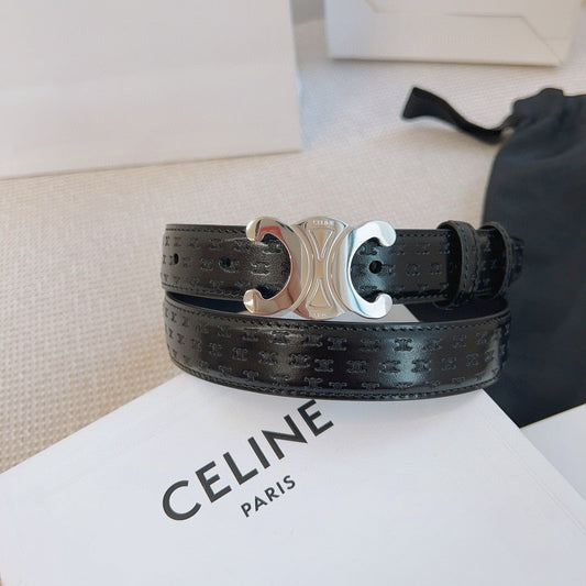 CELINE 25S BELT TRIOMPHE 25MM IN BLACK CALFSKIN DEBOSSED LOGO 563329 - 26 - 28