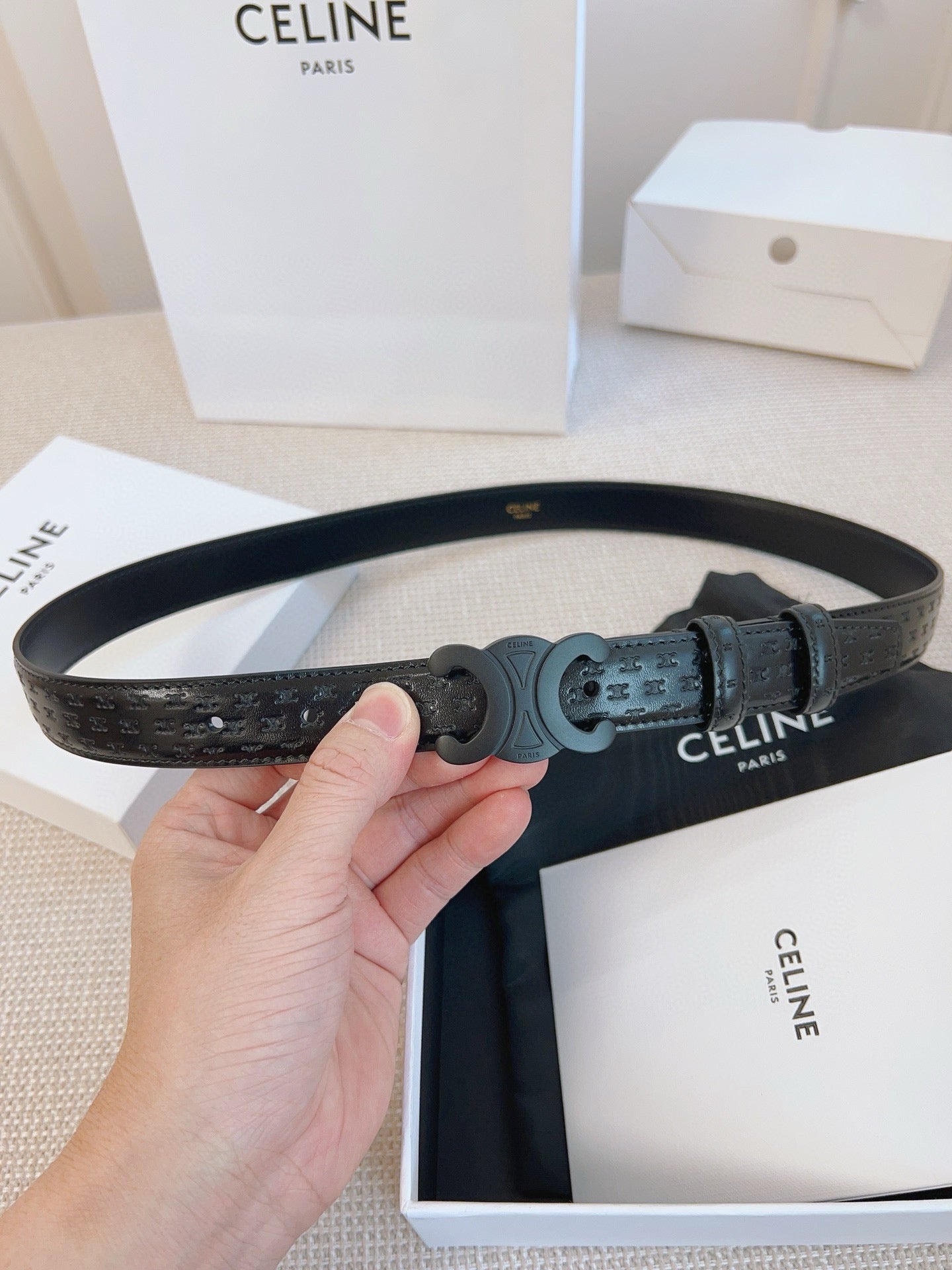 CELINE 25S BELT TRIOMPHE 25MM IN BLACK CALFSKIN DEBOSSED LOGO 563330 - 26 - 28