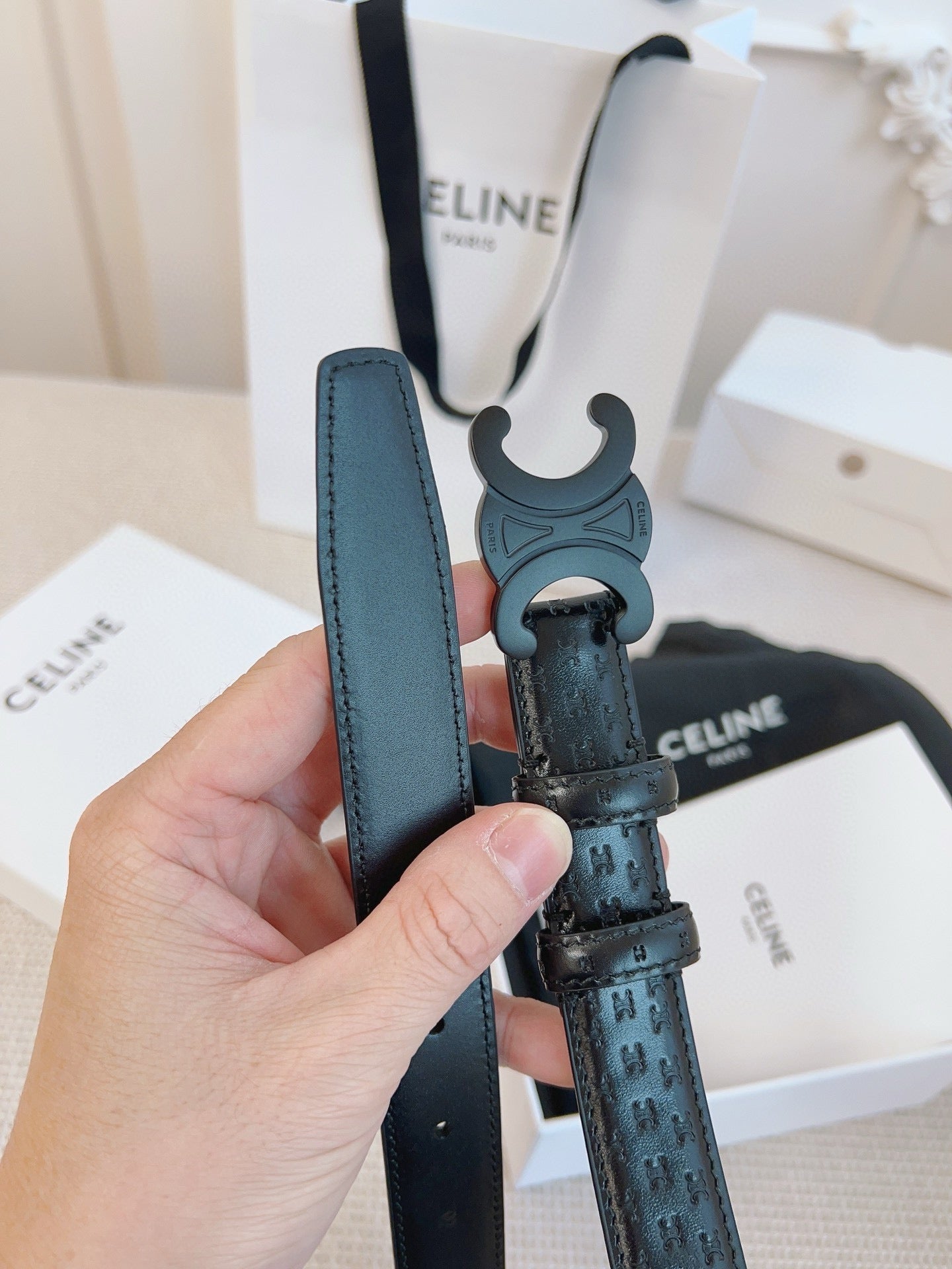 CELINE 25S BELT TRIOMPHE 25MM IN BLACK CALFSKIN DEBOSSED LOGO 563330 - 26 - 28