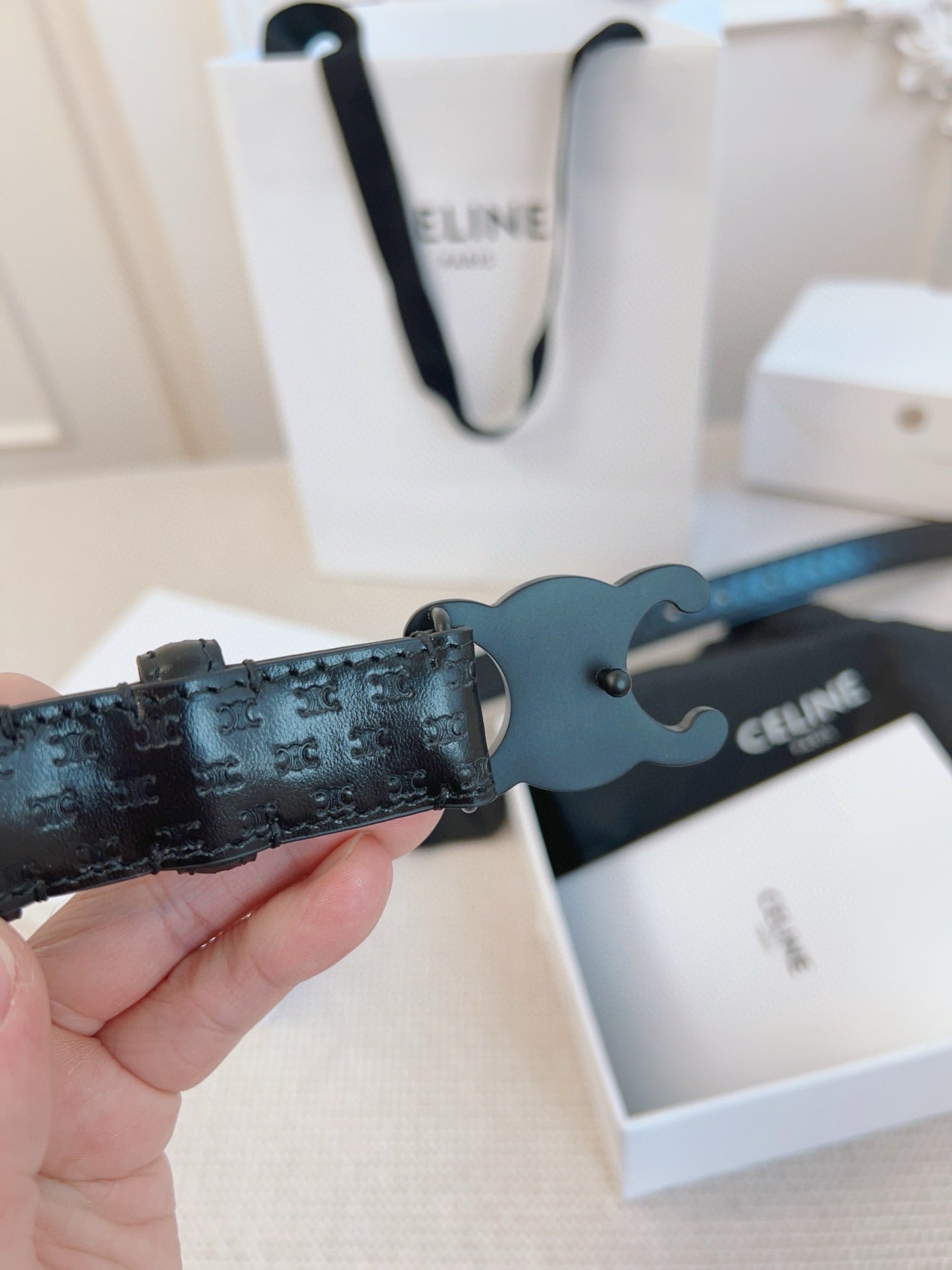 CELINE 25S BELT TRIOMPHE 25MM IN BLACK CALFSKIN DEBOSSED LOGO 563330 - 26 - 28