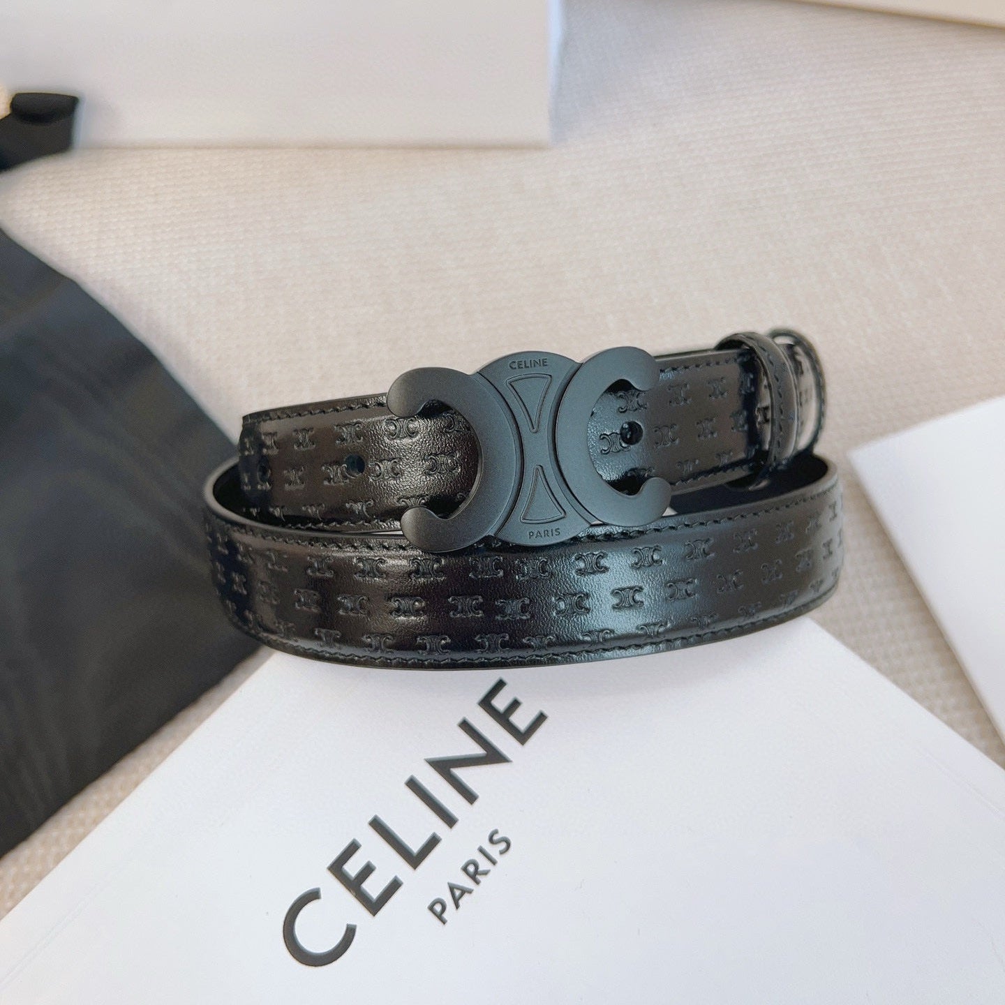 CELINE 25S BELT TRIOMPHE 25MM IN BLACK CALFSKIN DEBOSSED LOGO 563330 - 26 - 28