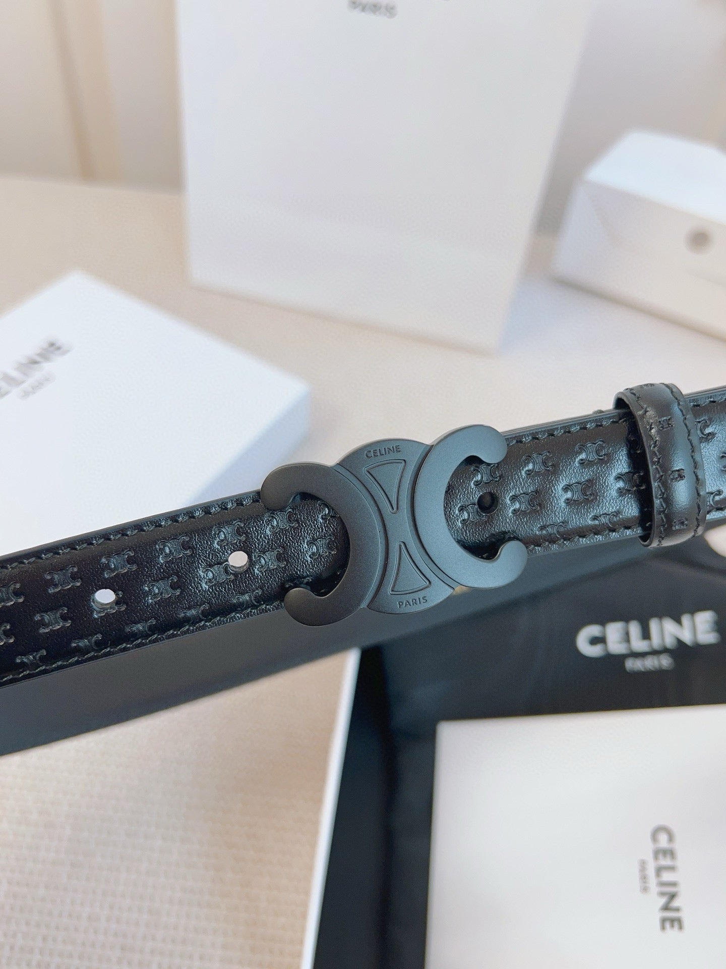 CELINE 25S BELT TRIOMPHE 25MM IN BLACK CALFSKIN DEBOSSED LOGO 563330 - 26 - 28