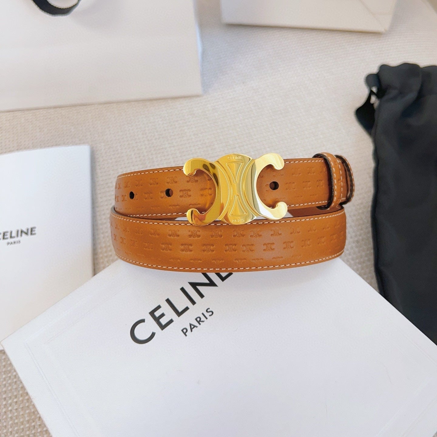 CELINE 25S BELT TRIOMPHE 25MM IN LIGHT BROWN CALFSKIN DEBOSSED LOGO 563331 - 26 - 28