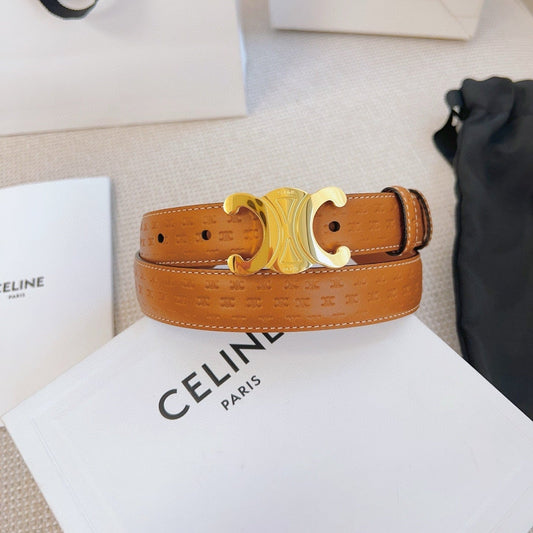 CELINE 25S BELT TRIOMPHE 25MM IN LIGHT BROWN CALFSKIN DEBOSSED LOGO 563331 - 26 - 28