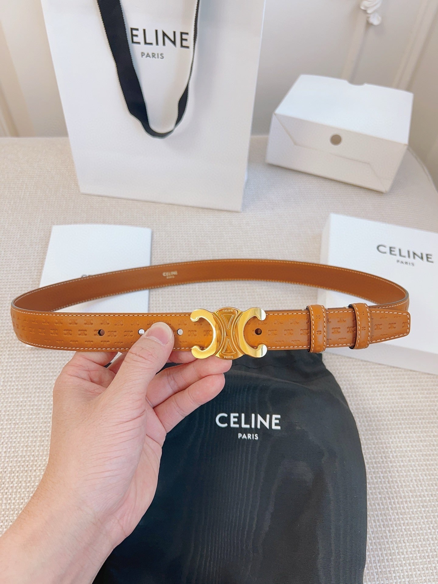 CELINE 25S BELT TRIOMPHE 25MM IN LIGHT BROWN CALFSKIN DEBOSSED LOGO 563331 - 26 - 28