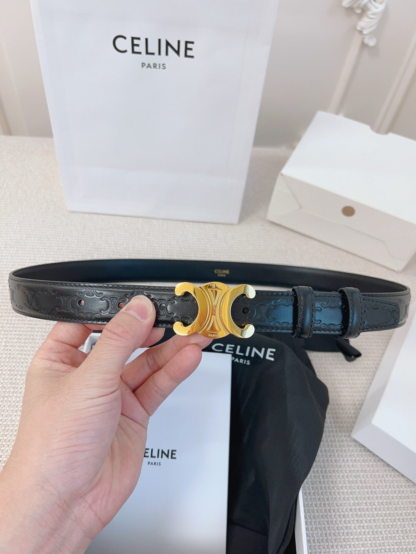 CELINE 25S BELT 25MM TRIOMPHE IN BLACK CALFSKIN GOLD HARDWARE 563332 - 26 - 28