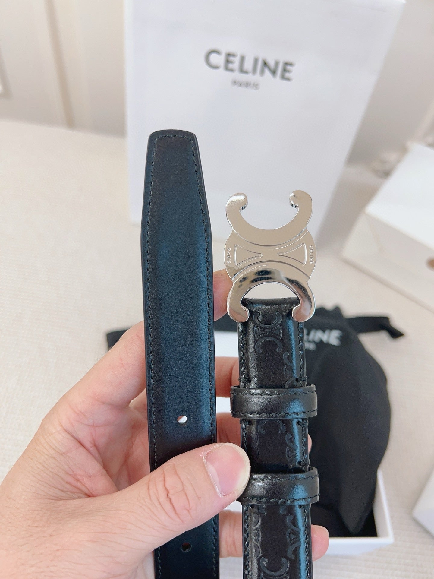 CELINE 25S BELT 25MM TRIOMPHE IN BLACK CALFSKIN SILVER HARDWARE 563333 - 26 - 28