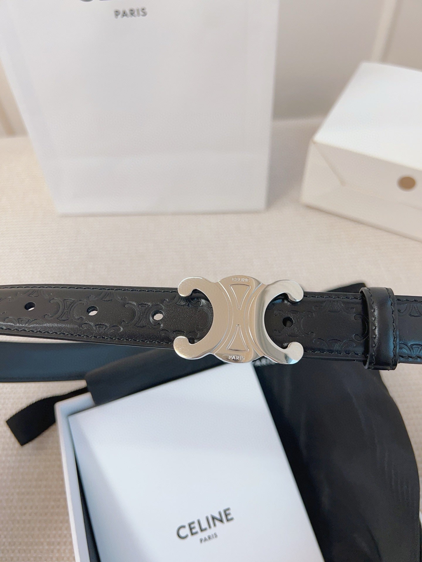 CELINE 25S BELT 25MM TRIOMPHE IN BLACK CALFSKIN SILVER HARDWARE 563333 - 26 - 28