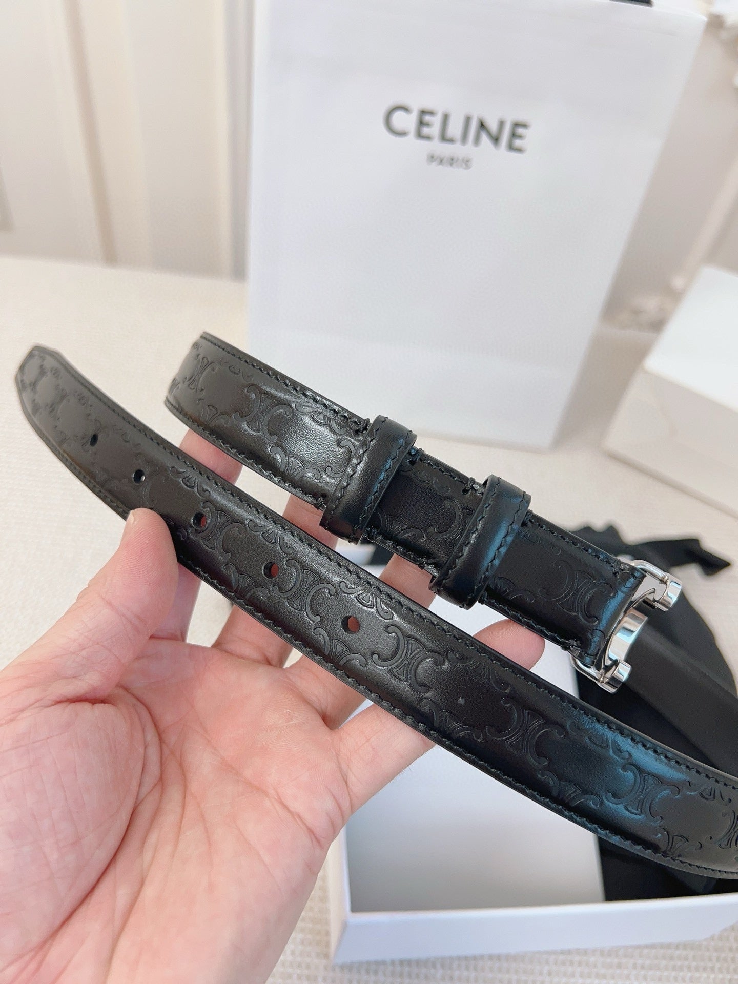 CELINE 25S BELT 25MM TRIOMPHE IN BLACK CALFSKIN SILVER HARDWARE 563333 - 26 - 28