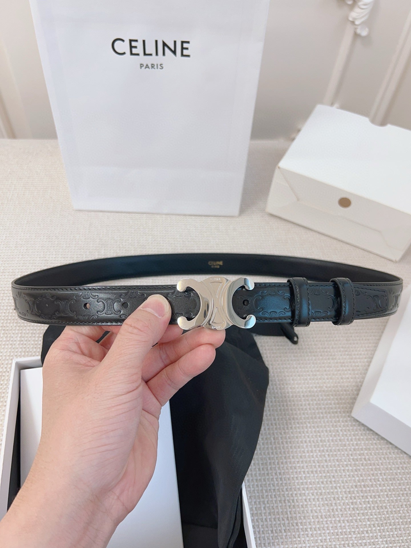 CELINE 25S BELT 25MM TRIOMPHE IN BLACK CALFSKIN SILVER HARDWARE 563333 - 26 - 28