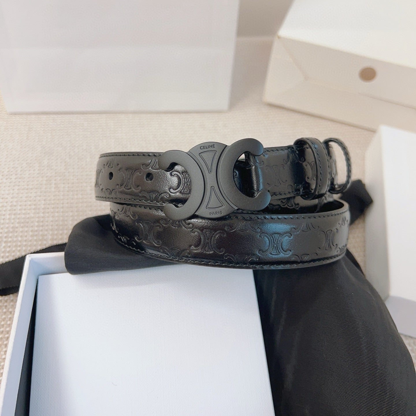 CELINE 25S BELT 25MM TRIOMPHE IN BLACK CALFSKIN 563334 - 26 - 28