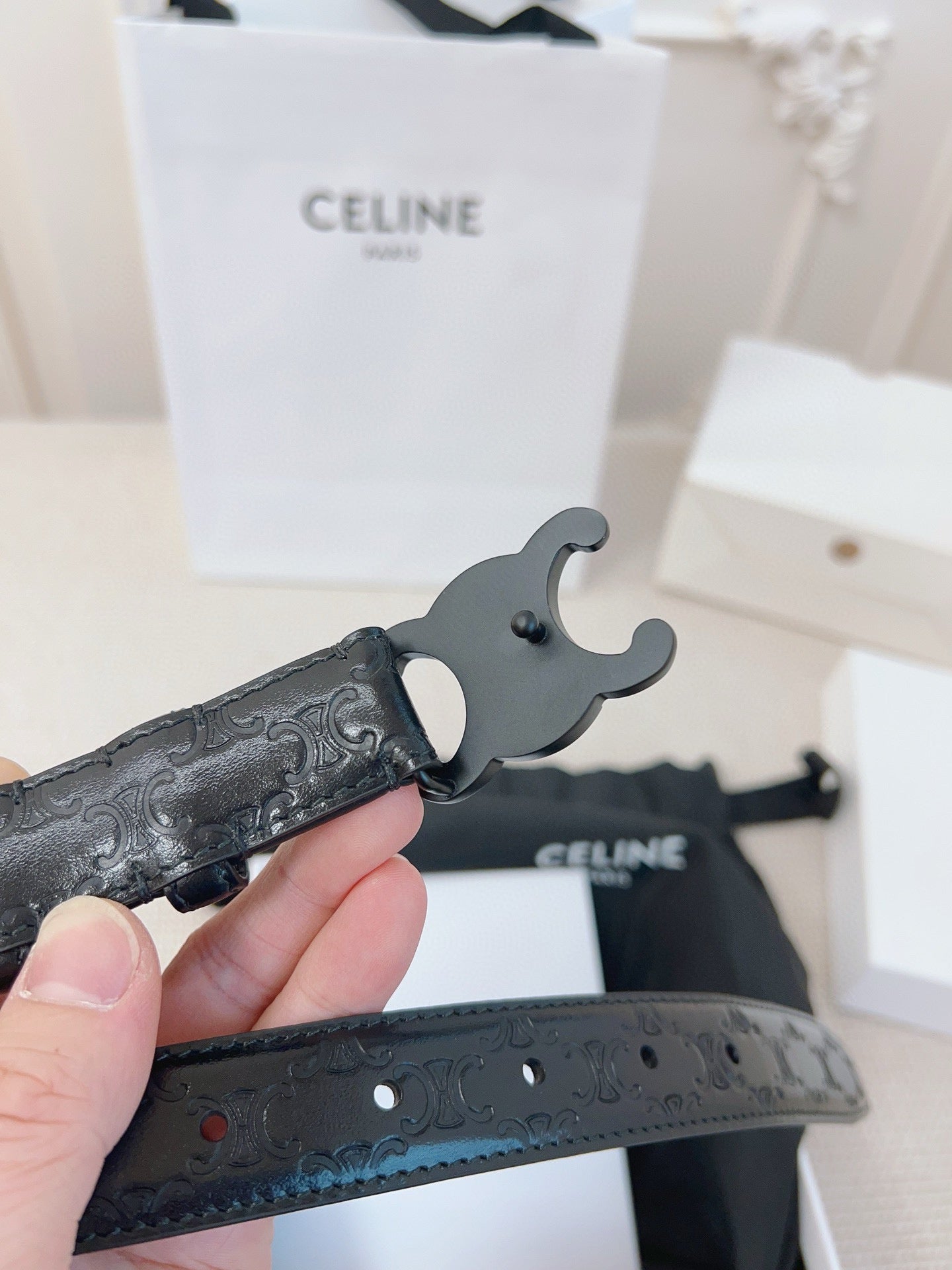 CELINE 25S BELT 25MM TRIOMPHE IN BLACK CALFSKIN 563334 - 26 - 28