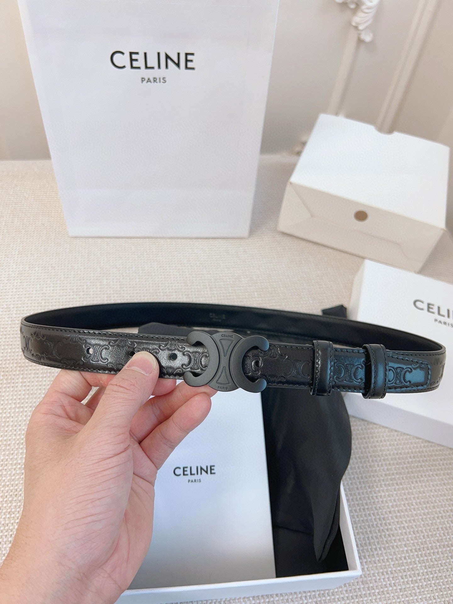 CELINE 25S BELT 25MM TRIOMPHE IN BLACK CALFSKIN 563334 - 26 - 28