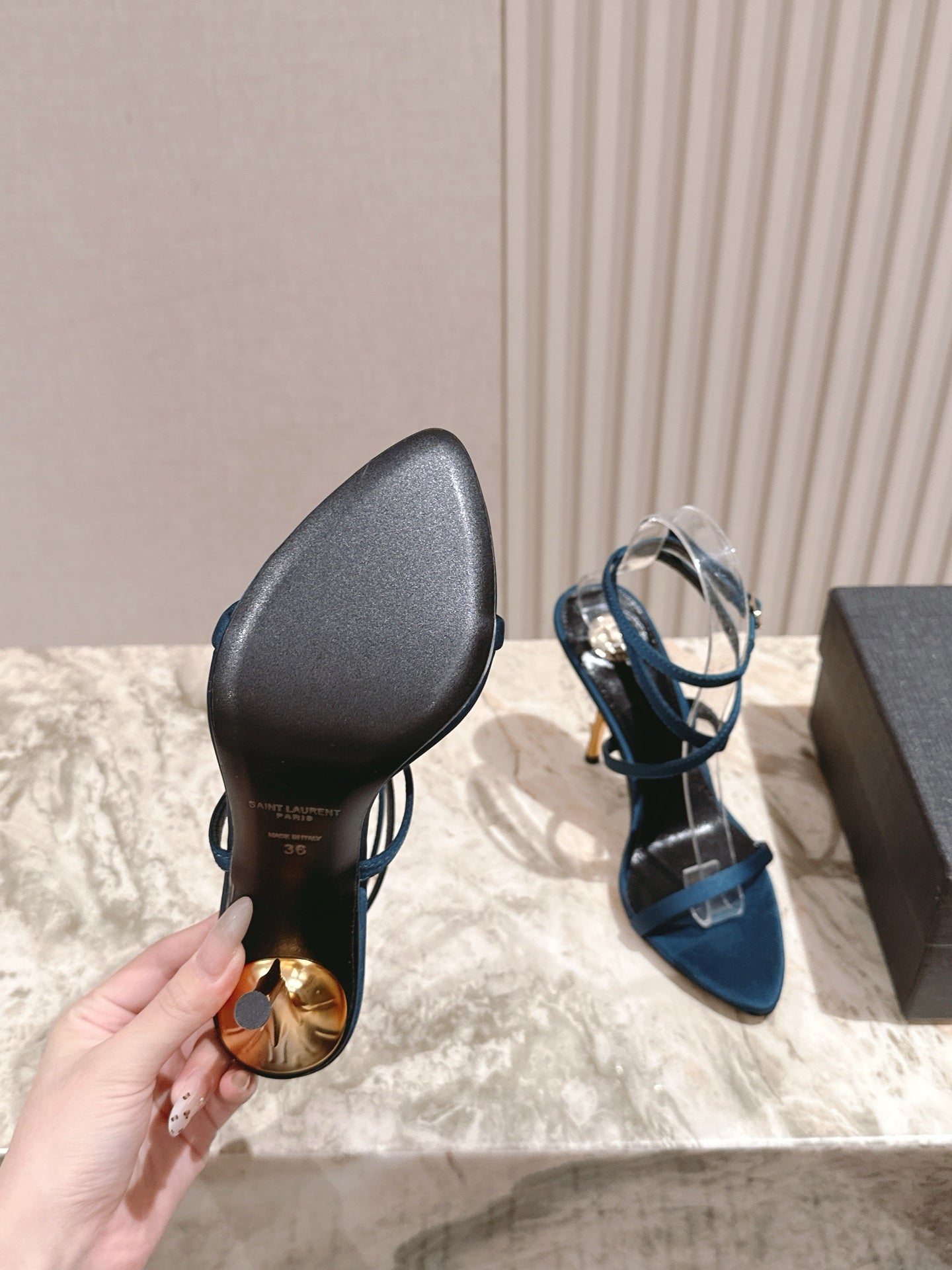 YSL 25S STRAPPY HIGH-HEEL SANDALS 100 MM IN MIDNIGHT BLUE SATIN - 35
