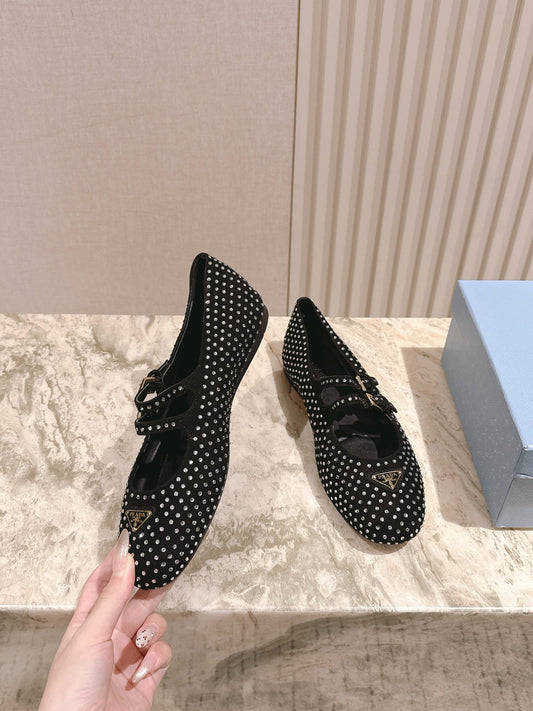 PRADA 25S БАЛЕТКИ З КРИСТАЛАМИ З ЧОРНОЇ ЗАМШІ - 35