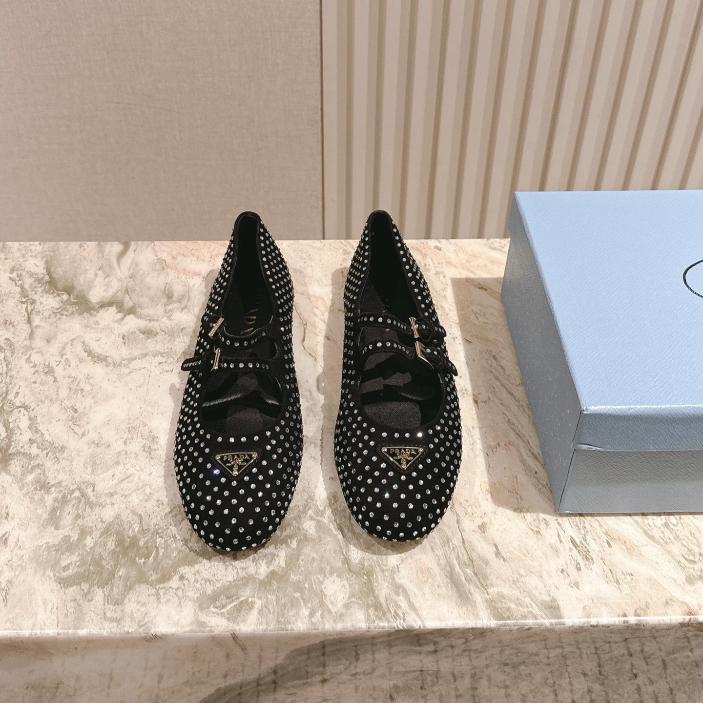 PRADA 25S CRYSTAL EMBELLISHED BALLERINA IN BLACK SUEDE - 35