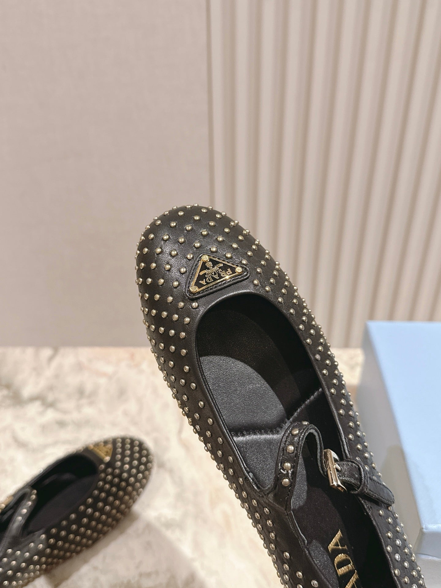 PRADA 25S STUD EMBELLISHED BALLERINA IN BLACK CALFSKIN - 35