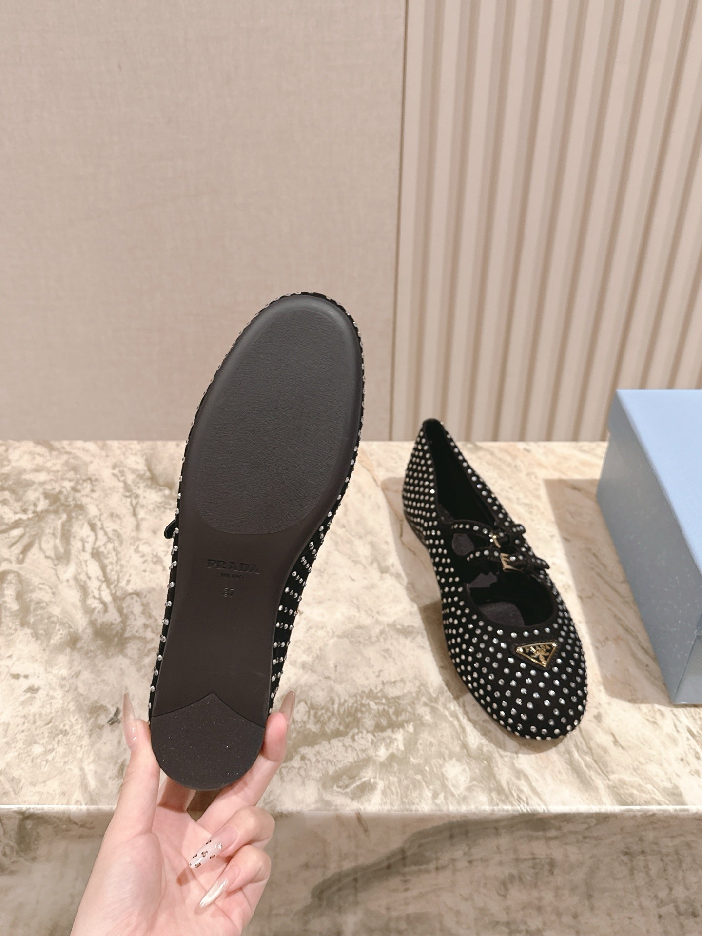 PRADA 25S CRYSTAL EMBELLISHED BALLERINA IN BLACK SUEDE - 35